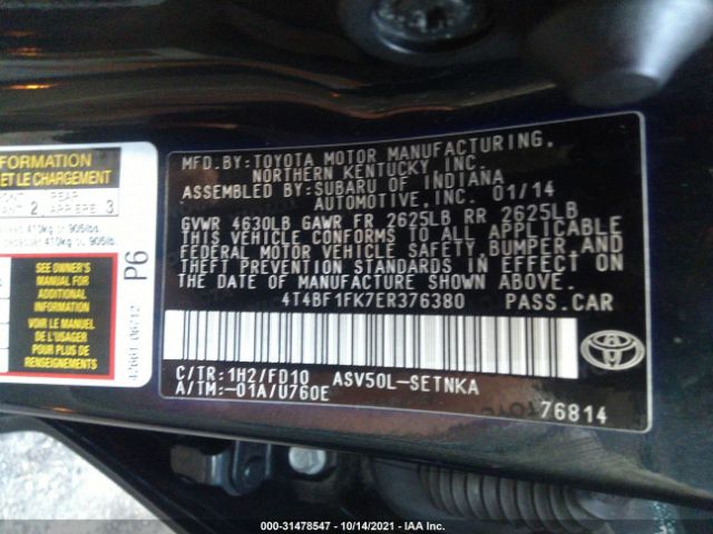 Photo 8 VIN: 4T4BF1FK7ER376380 - TOYOTA CAMRY 