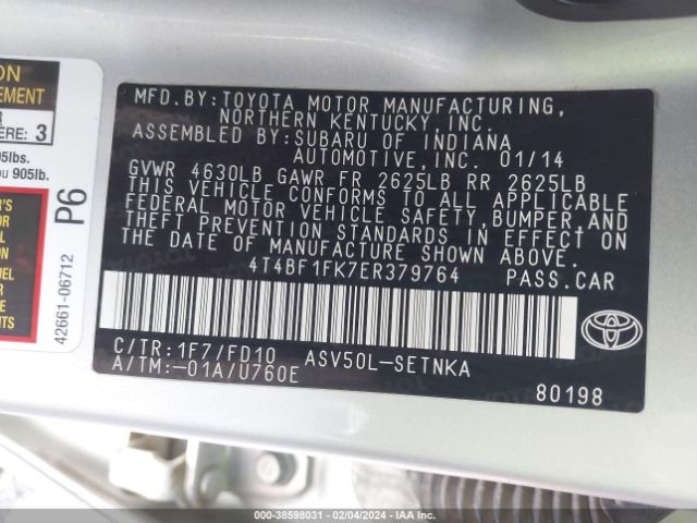 Photo 8 VIN: 4T4BF1FK7ER379764 - TOYOTA CAMRY 