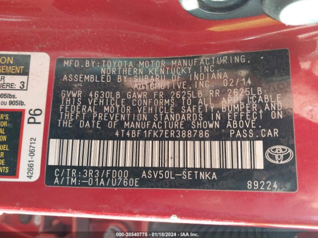 Photo 8 VIN: 4T4BF1FK7ER388786 - TOYOTA CAMRY 