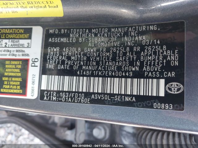 Photo 8 VIN: 4T4BF1FK7ER400449 - TOYOTA CAMRY 