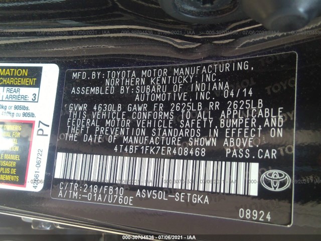 Photo 8 VIN: 4T4BF1FK7ER408468 - TOYOTA CAMRY 