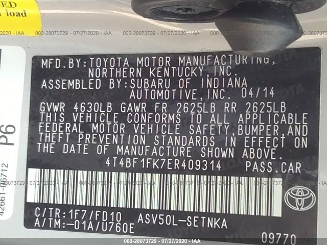 Photo 8 VIN: 4T4BF1FK7ER409314 - TOYOTA CAMRY 