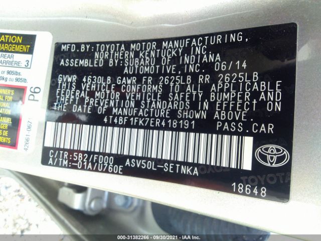 Photo 8 VIN: 4T4BF1FK7ER418191 - TOYOTA CAMRY 