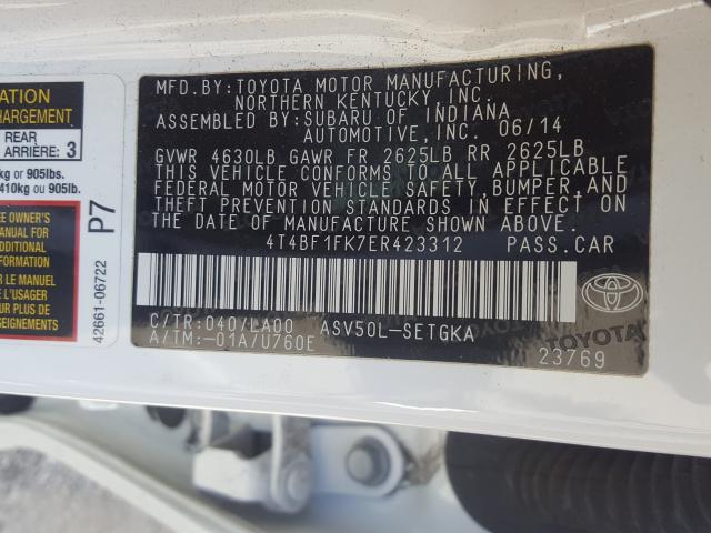 Photo 9 VIN: 4T4BF1FK7ER423312 - TOYOTA CAMRY L 