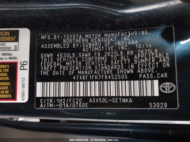 Photo 8 VIN: 4T4BF1FK7FR452505 - TOYOTA CAMRY 