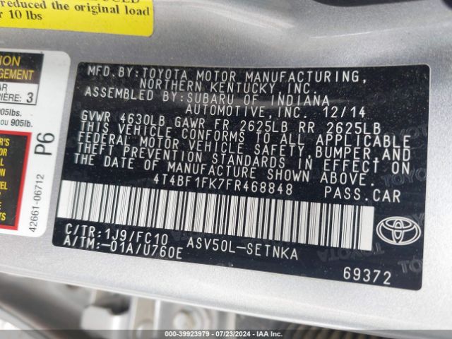 Photo 8 VIN: 4T4BF1FK7FR468848 - TOYOTA CAMRY 