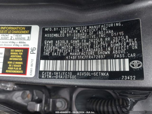 Photo 8 VIN: 4T4BF1FK7FR472897 - TOYOTA CAMRY 