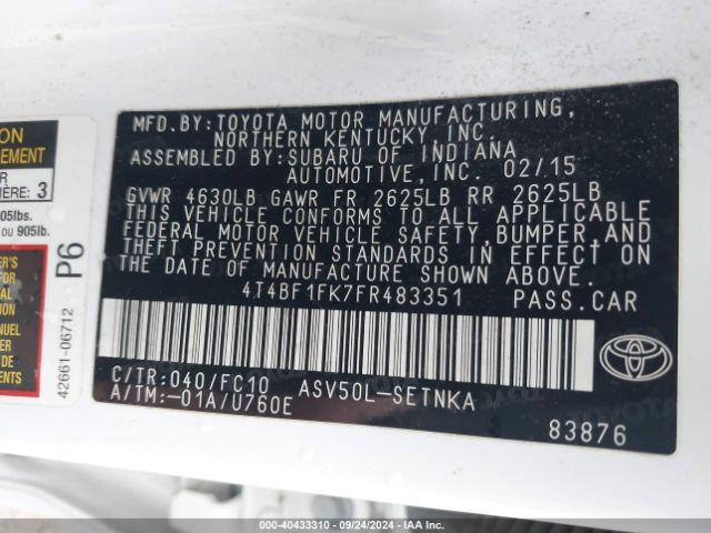 Photo 8 VIN: 4T4BF1FK7FR483351 - TOYOTA CAMRY 