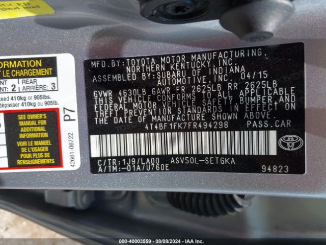 Photo 8 VIN: 4T4BF1FK7FR494298 - TOYOTA CAMRY 