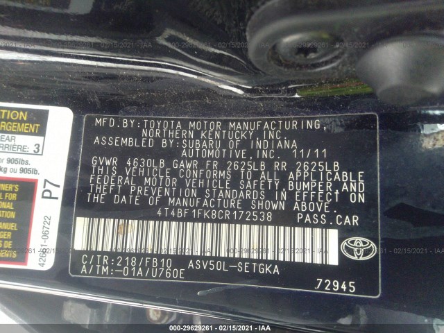 Photo 8 VIN: 4T4BF1FK8CR172538 - TOYOTA CAMRY 