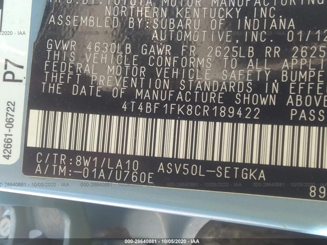 Photo 8 VIN: 4T4BF1FK8CR189422 - TOYOTA CAMRY 