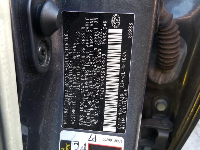 Photo 9 VIN: 4T4BF1FK8CR189579 - TOYOTA CAMRY BASE 