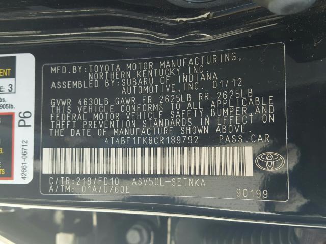 Photo 9 VIN: 4T4BF1FK8CR189792 - TOYOTA CAMRY BASE 