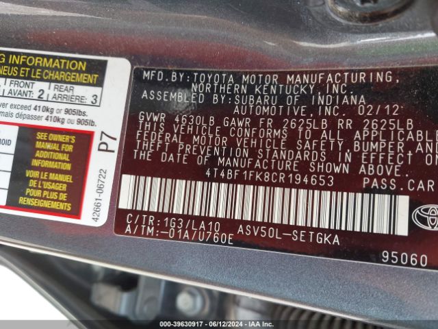 Photo 8 VIN: 4T4BF1FK8CR194653 - TOYOTA CAMRY 