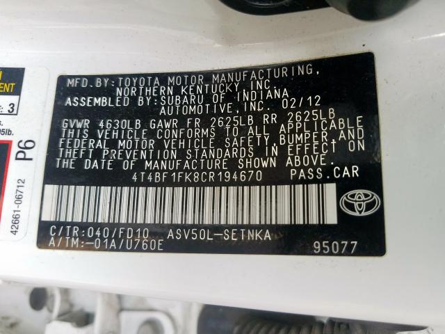 Photo 9 VIN: 4T4BF1FK8CR194670 - TOYOTA CAMRY BASE 