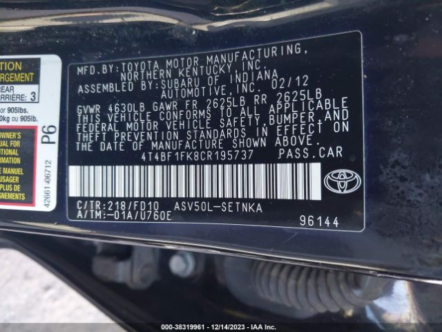 Photo 8 VIN: 4T4BF1FK8CR195737 - TOYOTA CAMRY 