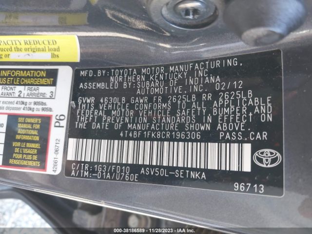 Photo 8 VIN: 4T4BF1FK8CR196306 - TOYOTA CAMRY 