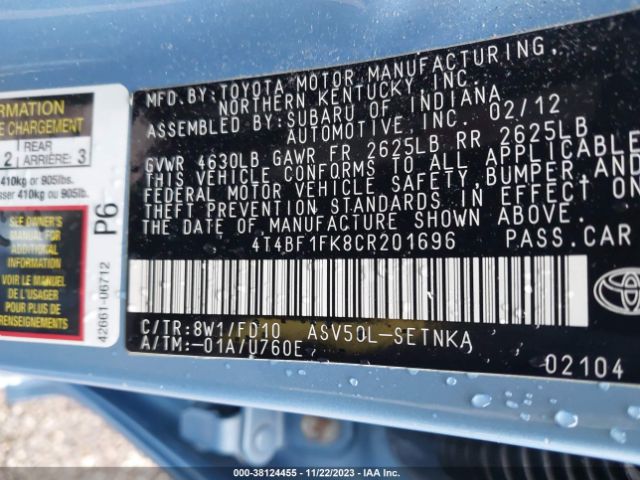 Photo 8 VIN: 4T4BF1FK8CR201696 - TOYOTA CAMRY 