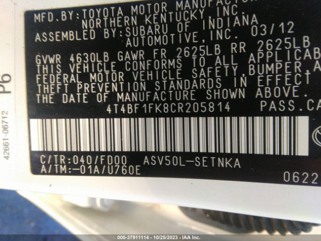 Photo 8 VIN: 4T4BF1FK8CR205814 - TOYOTA CAMRY 