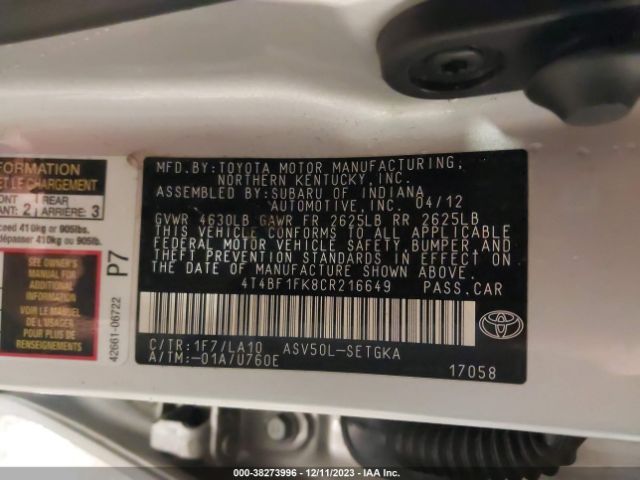 Photo 8 VIN: 4T4BF1FK8CR216649 - TOYOTA CAMRY 