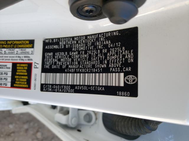 Photo 9 VIN: 4T4BF1FK8CR218451 - TOYOTA CAMRY BASE 