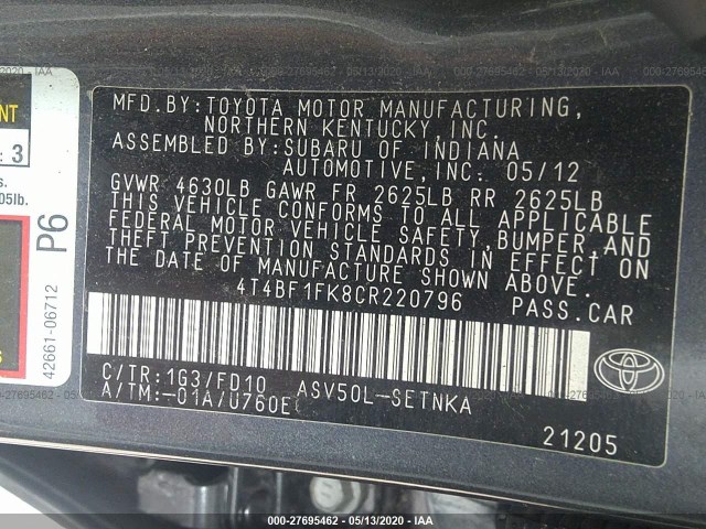 Photo 8 VIN: 4T4BF1FK8CR220796 - TOYOTA CAMRY 