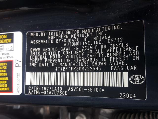 Photo 9 VIN: 4T4BF1FK8CR222595 - TOYOTA CAMRY BASE 