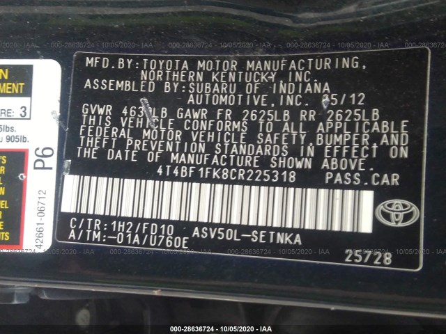 Photo 8 VIN: 4T4BF1FK8CR225318 - TOYOTA CAMRY 