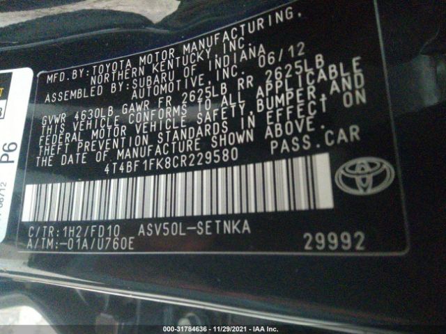 Photo 8 VIN: 4T4BF1FK8CR229580 - TOYOTA CAMRY 