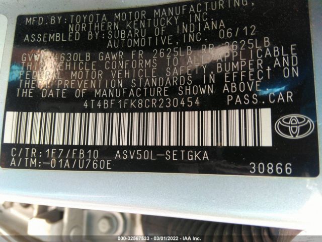 Photo 8 VIN: 4T4BF1FK8CR230454 - TOYOTA CAMRY 