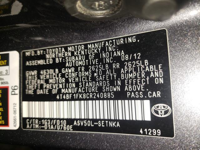 Photo 9 VIN: 4T4BF1FK8CR240885 - TOYOTA CAMRY BASE 