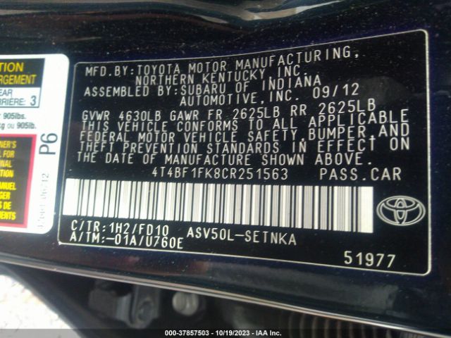 Photo 8 VIN: 4T4BF1FK8CR251563 - TOYOTA CAMRY 