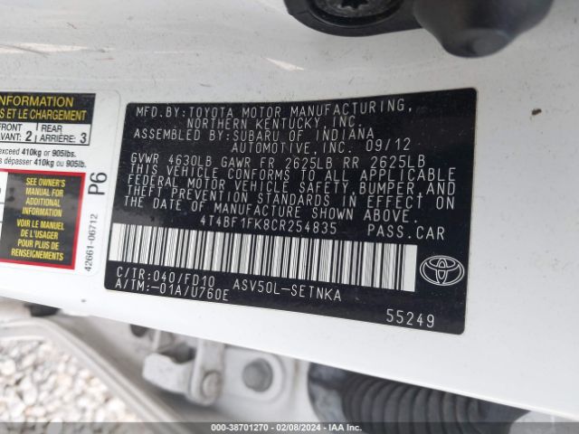 Photo 8 VIN: 4T4BF1FK8CR254835 - TOYOTA CAMRY 