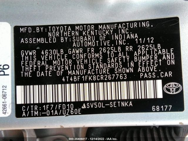 Photo 8 VIN: 4T4BF1FK8CR267763 - TOYOTA CAMRY 