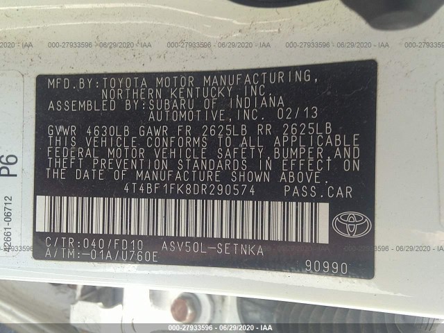 Photo 8 VIN: 4T4BF1FK8DR290574 - TOYOTA CAMRY 