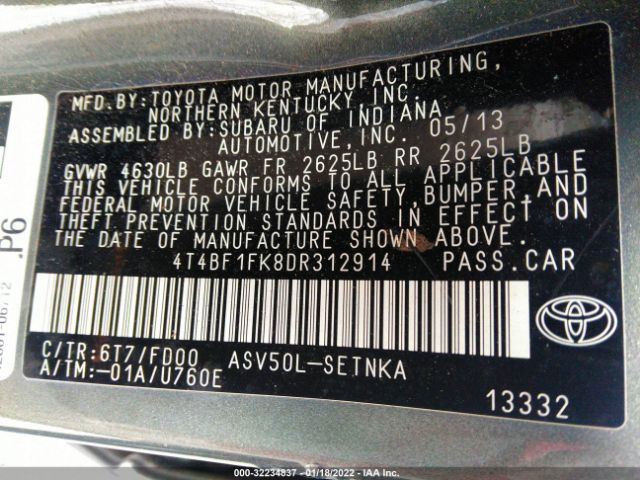 Photo 8 VIN: 4T4BF1FK8DR312914 - TOYOTA CAMRY 