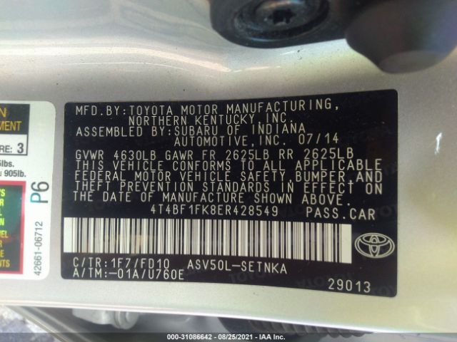 Photo 8 VIN: 4T4BF1FK8ER428549 - TOYOTA CAMRY 