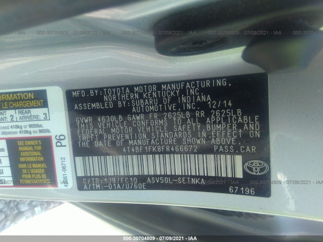 Photo 8 VIN: 4T4BF1FK8FR466672 - TOYOTA CAMRY 