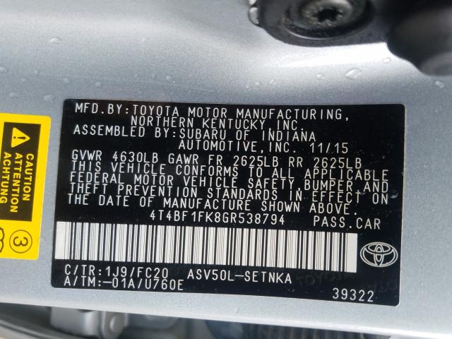 Photo 9 VIN: 4T4BF1FK8GR538794 - TOYOTA CAMRY LE 