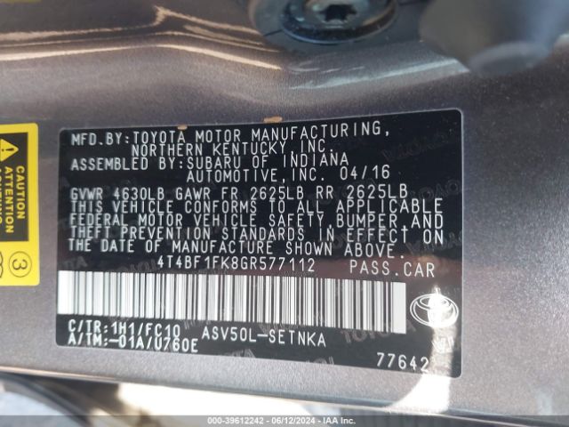 Photo 8 VIN: 4T4BF1FK8GR577112 - TOYOTA CAMRY 