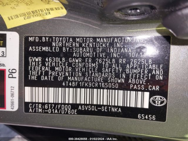 Photo 8 VIN: 4T4BF1FK9CR165050 - TOYOTA CAMRY 