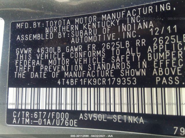 Photo 8 VIN: 4T4BF1FK9CR179353 - TOYOTA CAMRY 