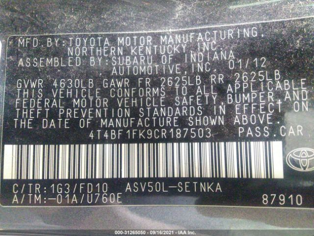 Photo 8 VIN: 4T4BF1FK9CR187503 - TOYOTA CAMRY 