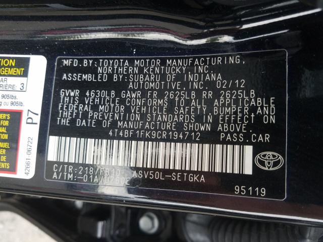 Photo 9 VIN: 4T4BF1FK9CR194712 - TOYOTA CAMRY BASE 