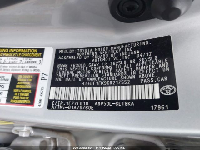 Photo 8 VIN: 4T4BF1FK9CR217552 - TOYOTA CAMRY 