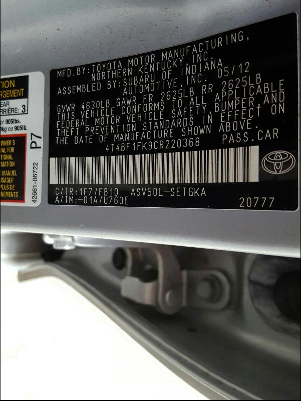 Photo 9 VIN: 4T4BF1FK9CR220368 - TOYOTA CAMRY BASE 