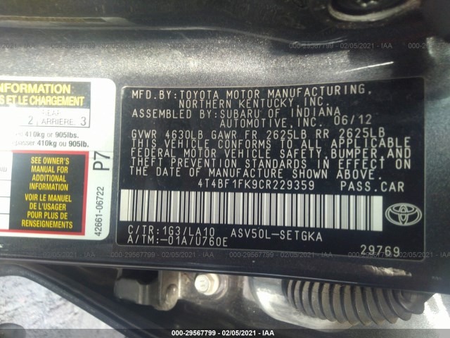 Photo 8 VIN: 4T4BF1FK9CR229359 - TOYOTA CAMRY 