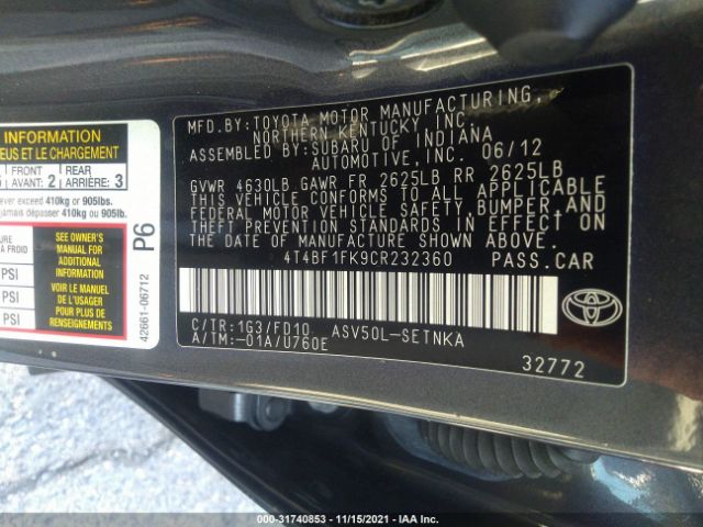 Photo 8 VIN: 4T4BF1FK9CR232360 - TOYOTA CAMRY 