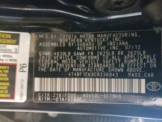 Photo 9 VIN: 4T4BF1FK9CR236943 - TOYOTA CAMRY BASE 