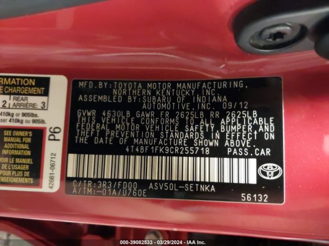 Photo 8 VIN: 4T4BF1FK9CR255718 - TOYOTA CAMRY 